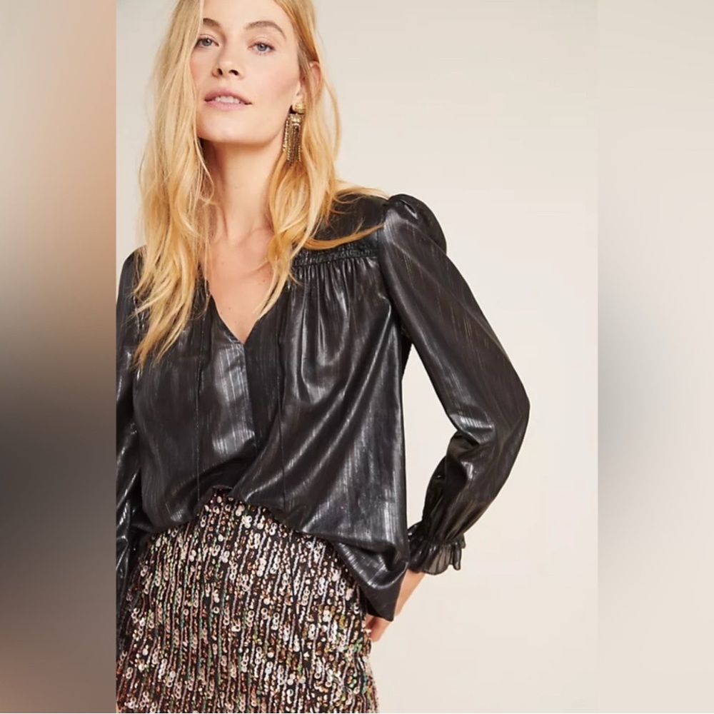 Anthropologie Current Air Black Metallic Bristol Long Sleeve Blouse Medium